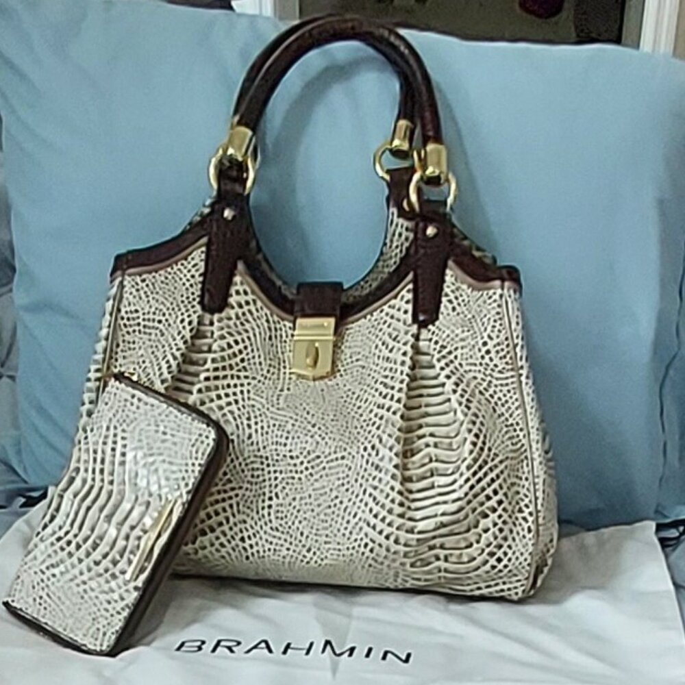 SET - Brahmin Elisa Crème Rhodes Tri-Textured Lizard Hobo Bag and Suri Wallet